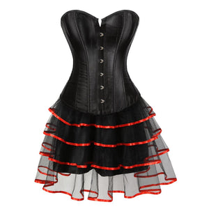 Women Gothic Burlesque Corset Dress Sexy Satin Overbust Corset Bustier Top With Striped Mini Tutu Skirt Set Vintage Lingerie