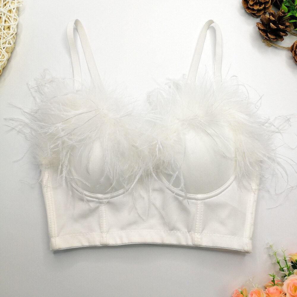 Sexy Corset Feather Low Cup Nightclub Party Short Women Camis In Bra Cropped Crop Top Push Up Breast