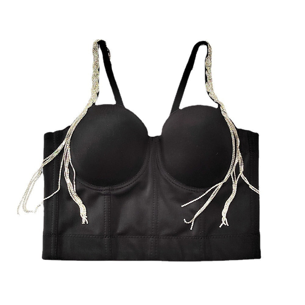 Sleeveless Crop Top With Cups Off Shoulder Strap Corset Sexy Dance Cropped Shine Lingerie Rhinestone Clothing