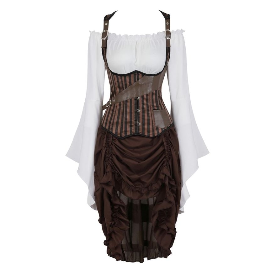 Women Gothic Corset Dress Sexy Striped Underbust Corset Vest Renaissance Blouse Asymmentrical Floral Lace Skirt Set Three-Pieces