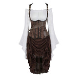 Women Gothic Corset Dress Sexy Striped Underbust Corset Vest Renaissance Blouse Asymmentrical Floral Lace Skirt Set Three-Pieces