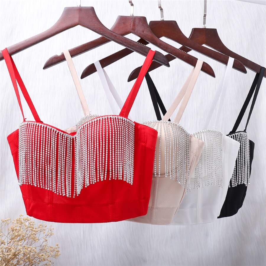 Crop Top With Built In Bra Short Sexy Beading Tassel Rhinestones Tops Push Up Bralette Solid Nightclub Camis