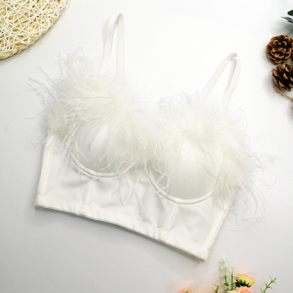 Sexy Corset Feather Low Cup Nightclub Party Short Women Camis In Bra Cropped Crop Top Push Up Breast