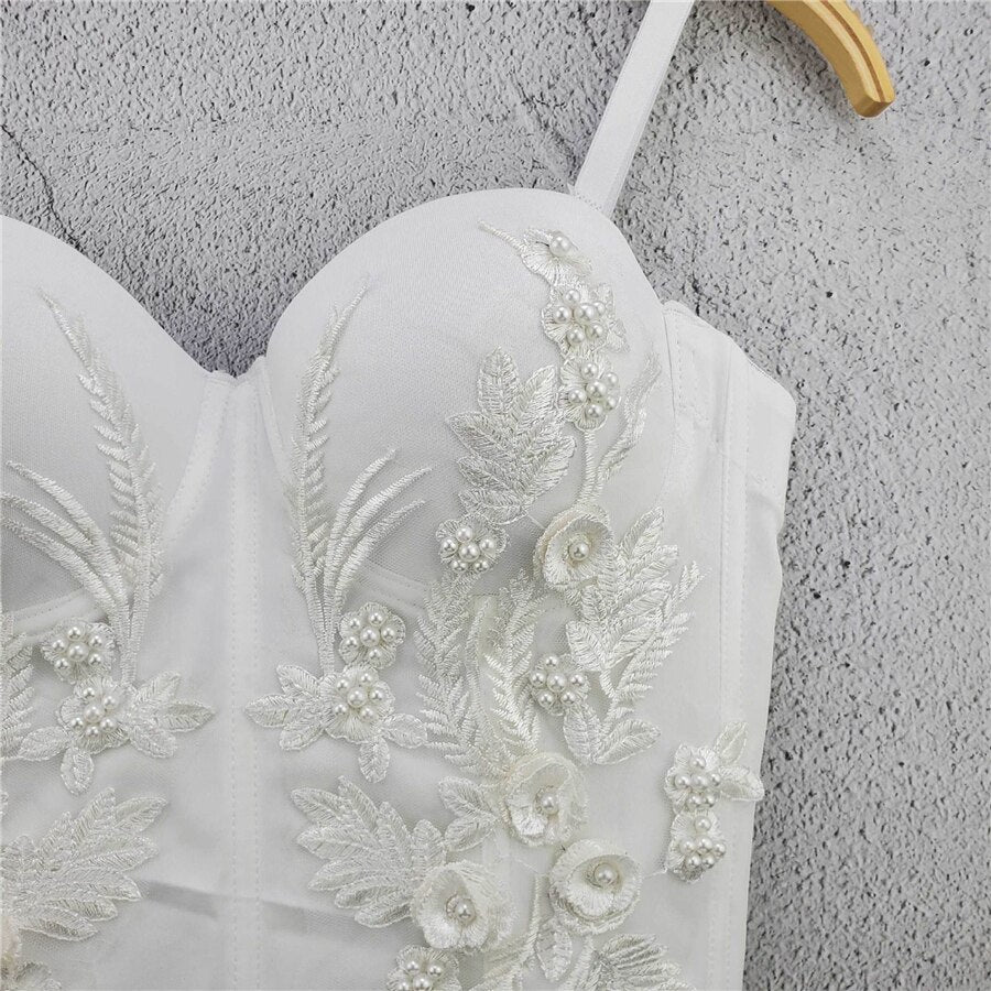 Embroidery Long Corset Sexy Crop Top Women Solid Camis Tops With Built In Bra Push Up Bustier