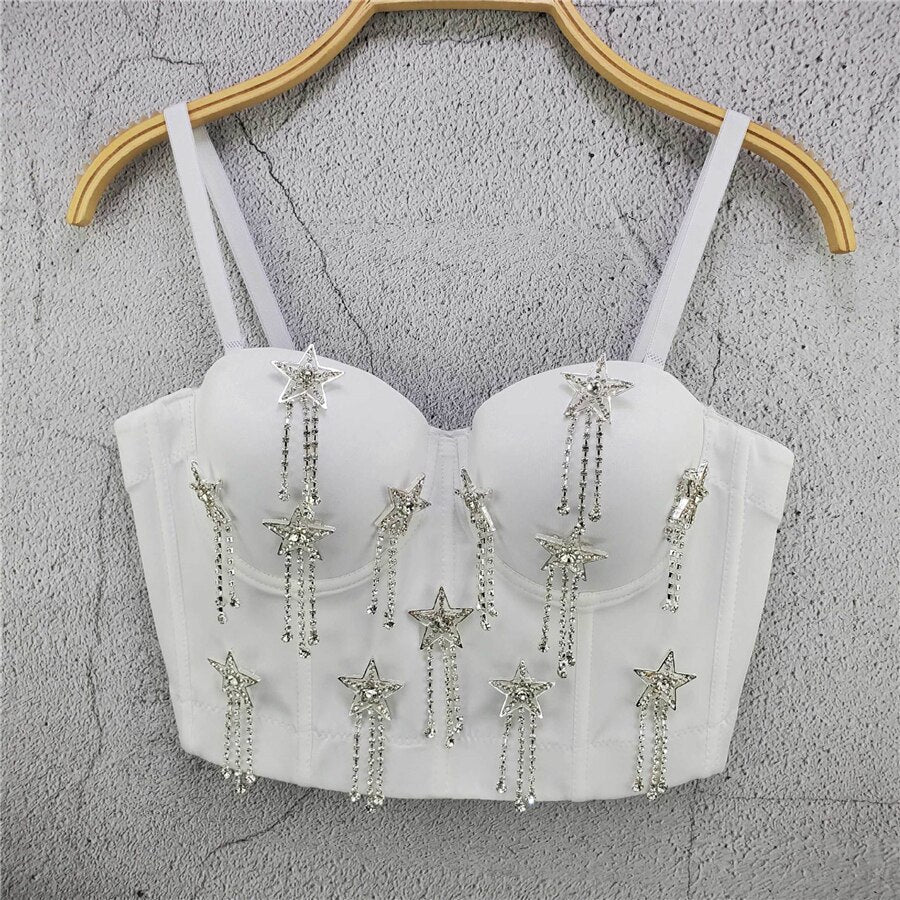 Rhinestone Tassel Corset Sexy Summer Female Show Crop Top Spaghetti Strap Women Camis Tops With Built In Bra Push Up Bralette