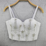 Rhinestone Tassel Corset Sexy Summer Female Show Crop Top Spaghetti Strap Women Camis Tops With Built In Bra Push Up Bralette