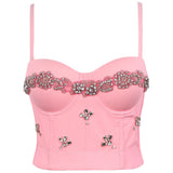 Christmas Rhinestone Sexy Corset Nightclub Party Slim Women Camis Built In Bra Cropped Push Up Breast Crop Top