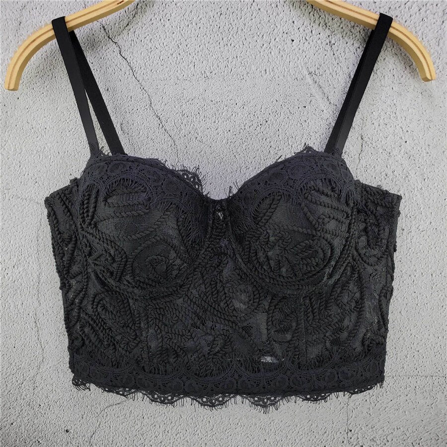 Lace Embroidery Crop Tank Top With Cups Off Shoulder Corset Sexy Top With Built In Bra Dance Nightclub Lingerie Clothing