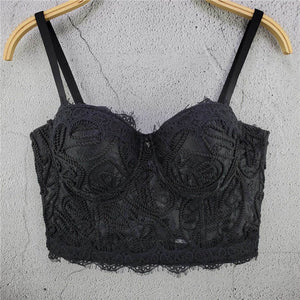Lace Embroidery Crop Tank Top With Cups Off Shoulder Corset Sexy Top With Built In Bra Dance Nightclub Lingerie Clothing