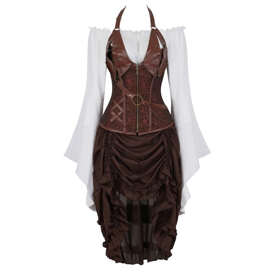 Gothic Corset Dress Sexy Leather Corset Bustier Lingerie Renaissance Blouse Steampunk Irregular Pirate Skirt Set Plus Size S-6XL