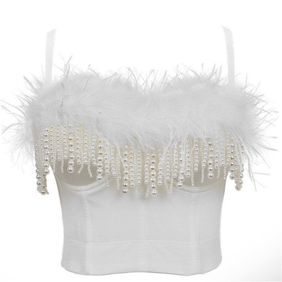Nightclub Feather Beading Crop Tank Top With Built In Bra Push Up Bralette Spaghetti Strap Tops Camis Clothing