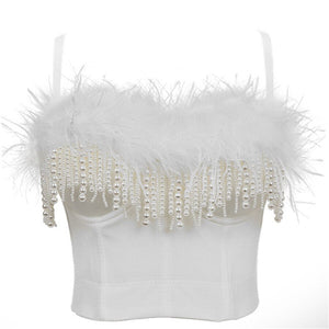 Nightclub Feather Beading Crop Tank Top With Built In Bra Push Up Bralette Spaghetti Strap Tops Camis Clothing