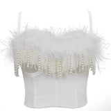 Nightclub Feather Beading Crop Tank Top With Built In Bra Push Up Bralette Spaghetti Strap Tops Camis Clothing