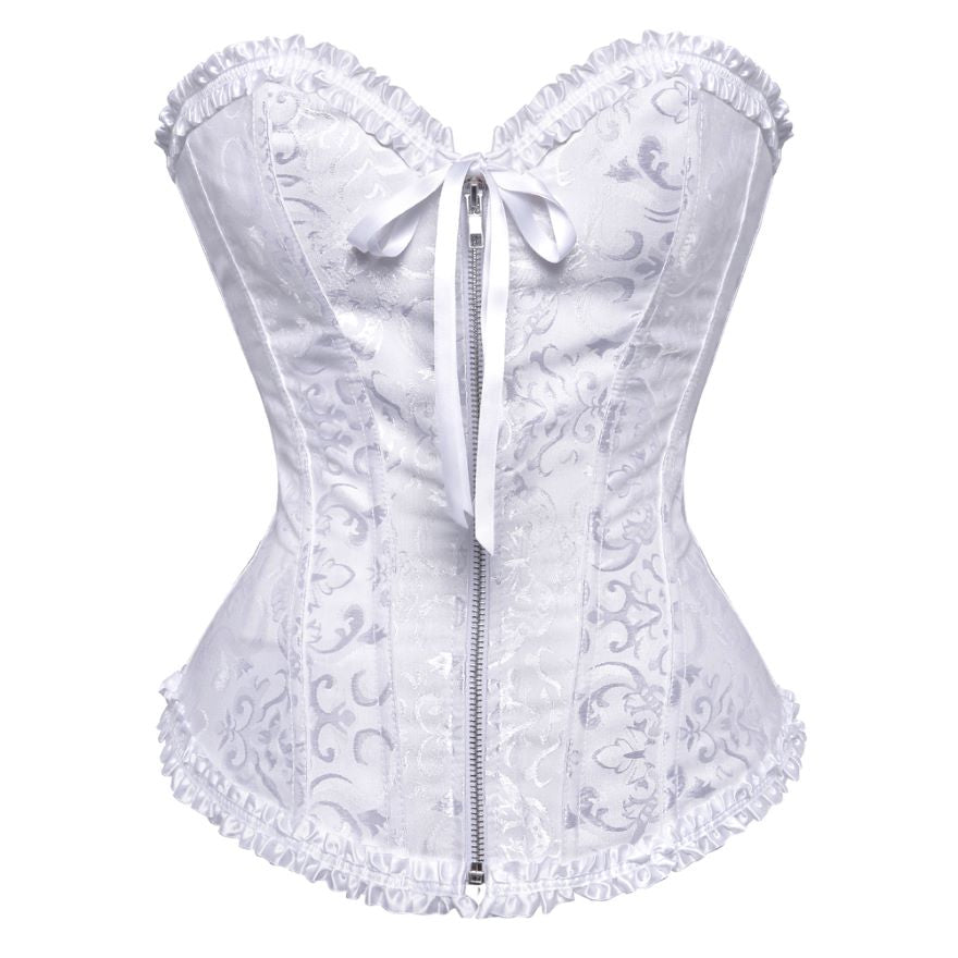 Women Sexy Floral Zipper Overbust Corset  Waist Cincher Slim Lace Up Fashion Jacquard Brocade Corset Bustier Lingerie Top