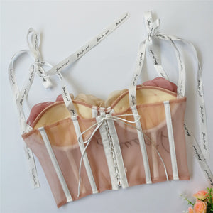 Lace Up Flowers Sweet Corset Top With Cups Women Cropped Nightclub Party Sexy Crop Top Push Up Bustier Cami Built in Bra