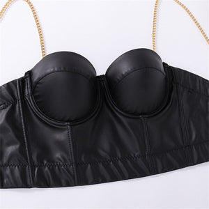 Camis Tops PU Leather Metal Chain Camisole Sexy Black Crop Top Women With Built In Bra Push Up Bralette