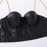 Camis Tops PU Leather Metal Chain Camisole Sexy Black Crop Top Women With Built In Bra Push Up Bralette
