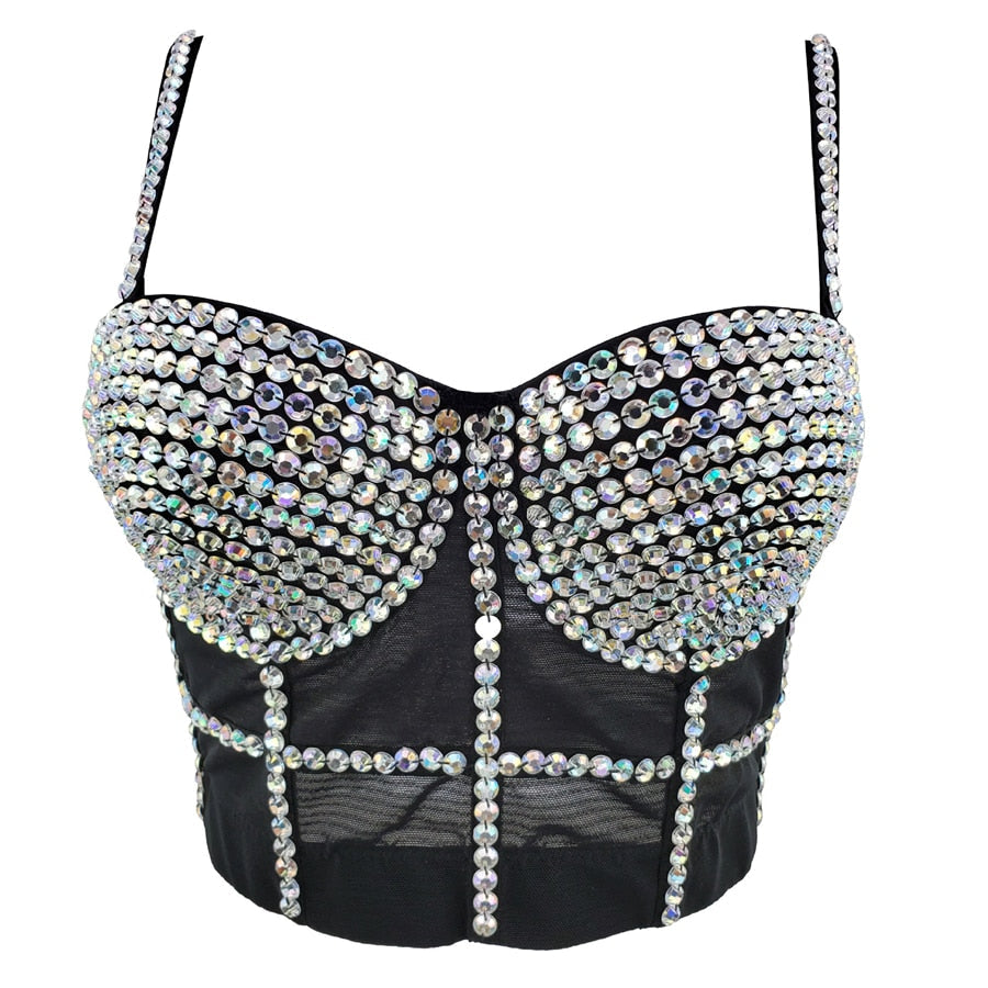 Mesh Camis Summer Short Crop Tank Top Rhinestone Nightclub Top With Built In Bra Sleeveless Corset Off Shoulder Women Clothes