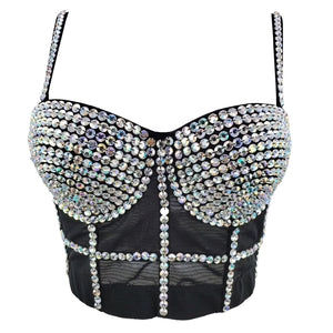 Mesh Camis Summer Short Crop Tank Top Rhinestone Nightclub Top With Built In Bra Sleeveless Corset Off Shoulder Women Clothes