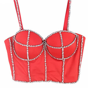 Autumn Sexy Shine Rhinestone Crop Top Stage Women Top With Cups Push Up Chest Female Corset Camis Clothes