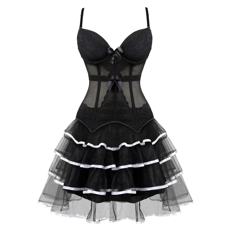Victorian Burlesque Straps Corset Dress Women Gothic Sexy Cup Lace Corset Bustier Lingerie Top With Striped Mini Skirt Set