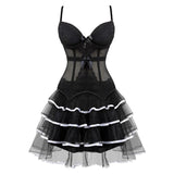 Victorian Burlesque Straps Corset Dress Women Gothic Sexy Cup Lace Corset Bustier Lingerie Top With Striped Mini Skirt Set