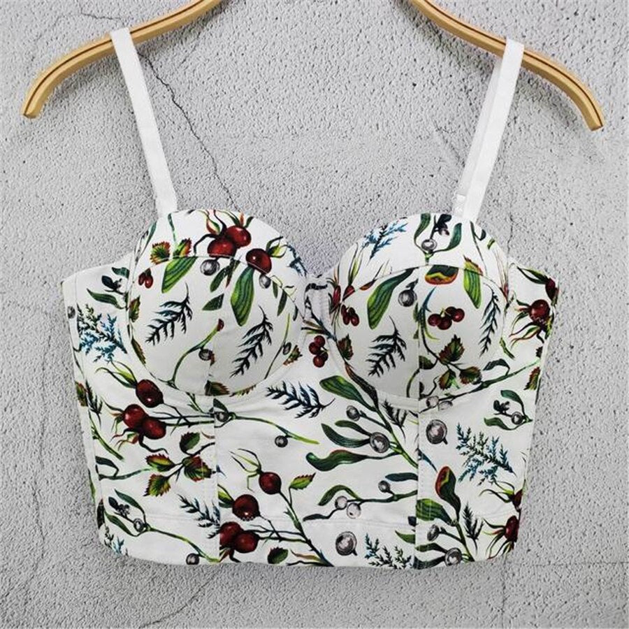 Plants Print Fairy Tanks Camis Bustier Crop Top With Built In Bra Women Off Shoulder Summer Tops Camisole