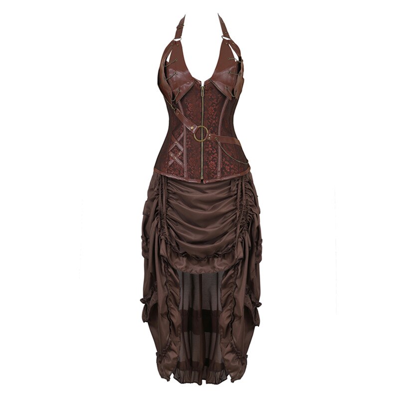 Gothic Corset Dress Sexy Leather Corset Bustier Lingerie Renaissance Blouse Steampunk Irregular Pirate Skirt Set Plus Size S-6XL
