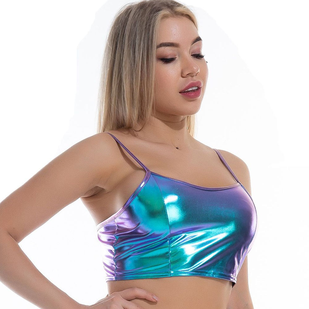 Sexy Reflective Bralette Crop Holographic Cami Top Backless Adjustable Strap Tank Top Camis Clubwear