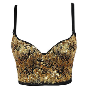 New Cropped With Built in Bra Gold Sequins Party Hot Chick Sexy Women Crop Top Spaghetti Strap Corsets Bustier