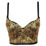 New Cropped With Built in Bra Gold Sequins Party Hot Chick Sexy Women Crop Top Spaghetti Strap Corsets Bustier