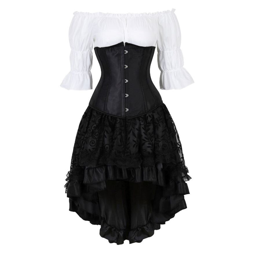 Gothic Skirt Set Underbust Corset Asymmetrical Floral Lace Skirt with Renaissance Blouse Three-Pieces Outfits Plus Size