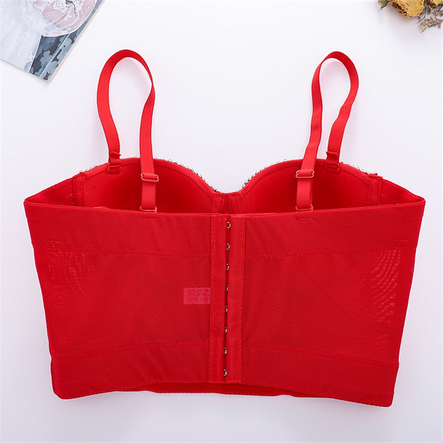 New Short Sexy Diamond Beading Crop Top Women Solid Camis Tops With Built In Bra Push Up Bralette
