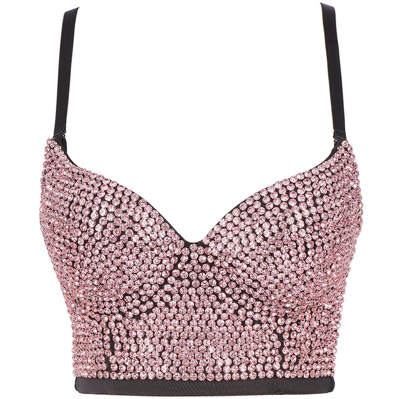 Rhinestone Sexy Top Nightclub Shines Crop Top Women Off Shoulder Camis Tops With Built In Bra Push Up Bralette
