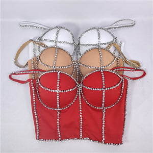 Autumn Sexy Shine Rhinestone Crop Top Stage Women Top With Cups Push Up Chest Female Corset Camis Clothes
