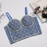 Denim Beading Rhinestone Top With Built In Bra Push Up Bralette Crop Top Women Backless Camisole Tops With Cups
