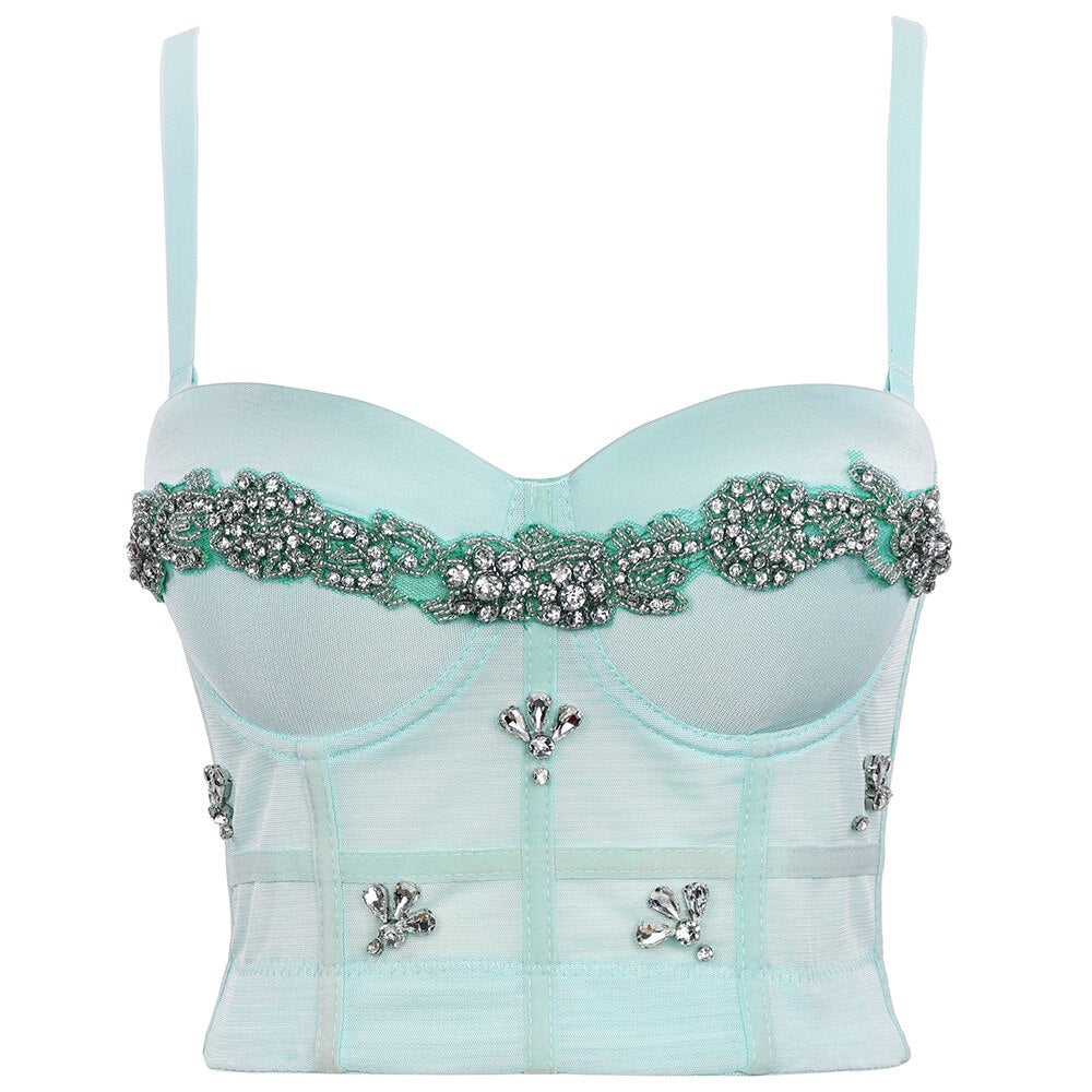 Christmas Rhinestone Sexy Corset Nightclub Party Slim Women Camis Built In Bra Cropped Push Up Breast Crop Top