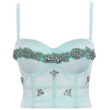 Christmas Rhinestone Sexy Corset Nightclub Party Slim Women Camis Built In Bra Cropped Push Up Breast Crop Top