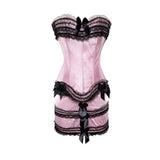 Women Sexy Bow Lace Overbust Corset Dress Satin Striped Corset Bustier Lingerie Top With One-Step Mini Narrow Dance Skirt Set