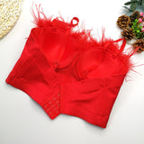 Autumn Feather Rhinestones Women Corset Camis Cropped Sexy Party Push Up Bustier Crop Top With Cups To Wear Out