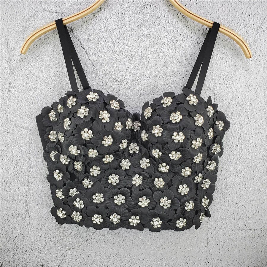 New Summer Sweet Floral Handmade Beading Party Sexy Women Top With Cups Crop Top To Wear Out Push Up Bralette Bra Corset