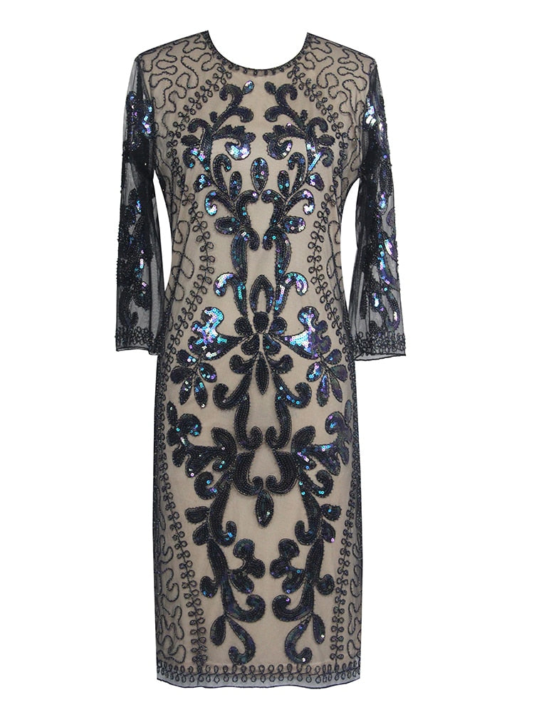 O Neck Formal Half Sleeve Women 1920s Vintage Gowns Tea Length Sequins Tulle Evening Dress