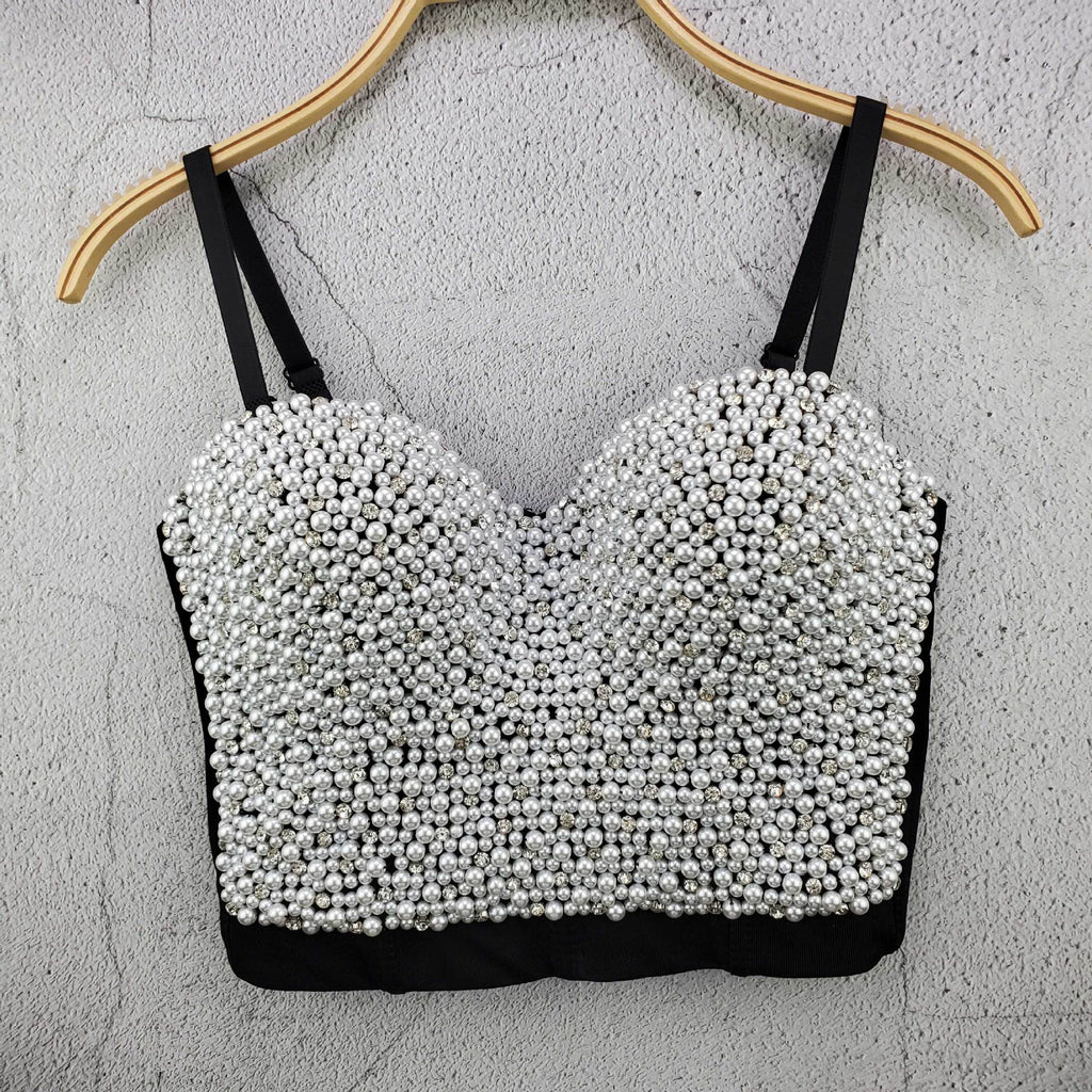 Beading Rhinestone Push Up Bustier Sexy Camis Corset Tops Built in Bra To Wear Out Performance Crop Top