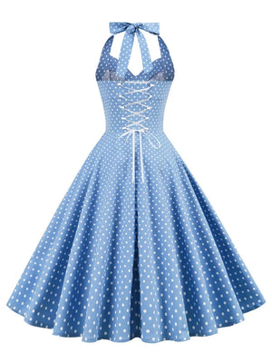 Polka Dot 50s Style Rockabilly Vintage Sexy Dresses for Women Blue Halter Lace-Up Back Party Backless Corset Dress