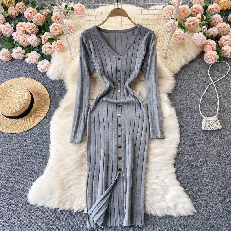 V Neck Long Sleeve Knitted Sweater Dress Winter Front Button Elegant Sexy Bodycon Midi Dress