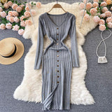 V Neck Long Sleeve Knitted Sweater Dress Winter Front Button Elegant Sexy Bodycon Midi Dress