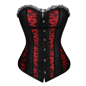 Women Vintage Floral Lace Overlay Overbust Corset Waister Cincher Slim Sexy Corset Bustier Lingerie Top Red Black Plus Size