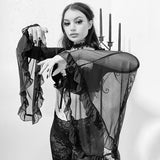 Mall Gothic Sext Velvet Ruffle T Shirt Y2K Grunge Aesthetic Black Chiffon Flare Sleeve Lace Up Tops Punk Retro Harajuku Crop Top
