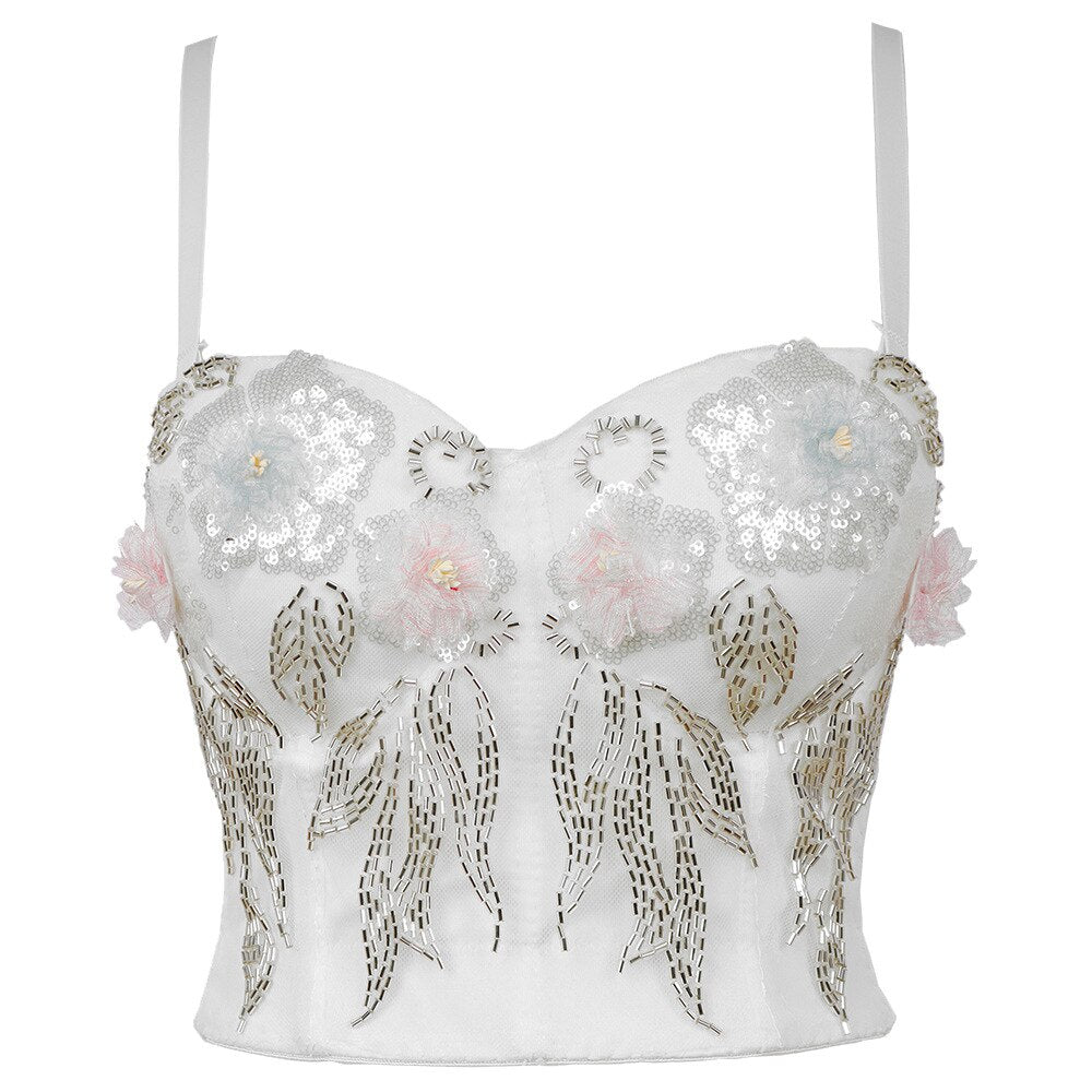 Sexy Female Corset With Cup Beaded Flowers Nightclub Party Cami In Bra Cropped Crop Top Push Up Breast