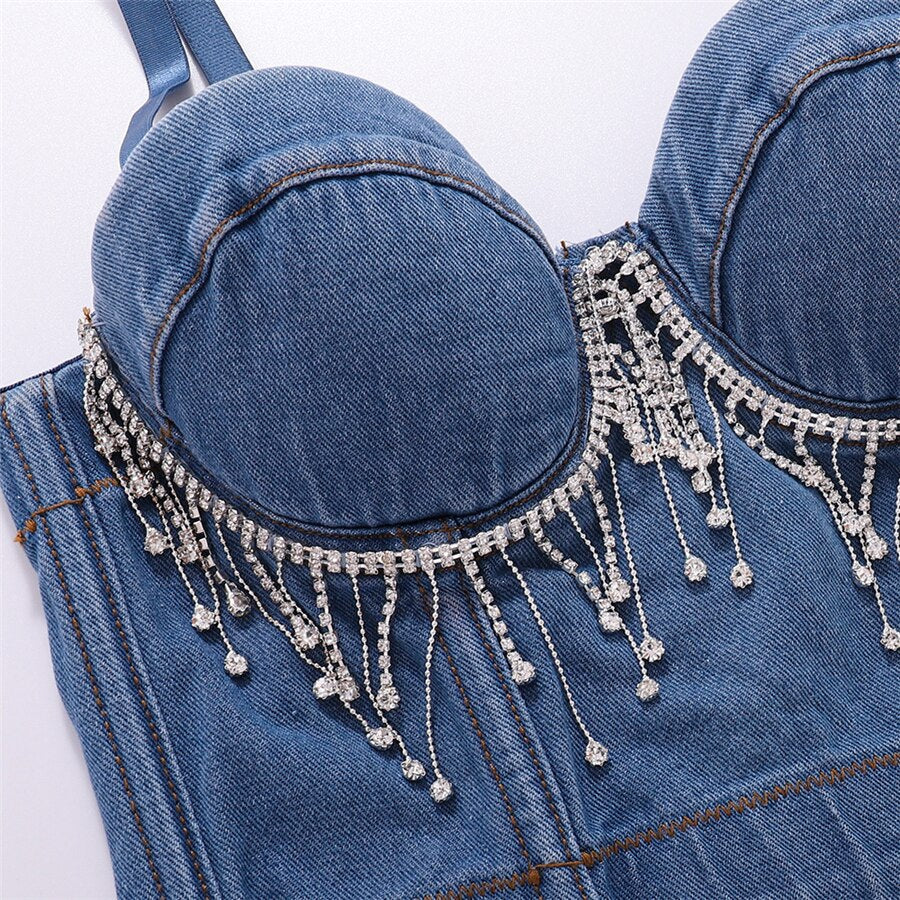 New Performance Sexy Tassel Rhinestones Crop Top Women Harajuku Denim Camis Tops With Built In Bra Push Up Bralette